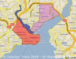 Map of Istanbul with the Golden Horn, the Modern Part of Istanbul, and the Historical Part of Istanbul.