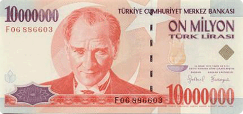 An old Turkish 10 million Lira note.