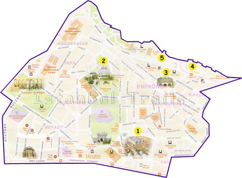 Sightseeing map of the Bazaar district in Istanbul, Turkey