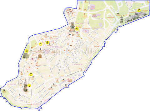 Sightseeing map of the Beyoğlu district in Istanbul, Turkey