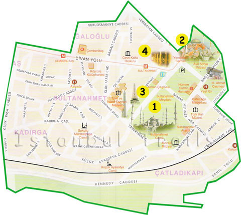 Sightseeing map of the Sultanahmet district in Istanbul, Turkey