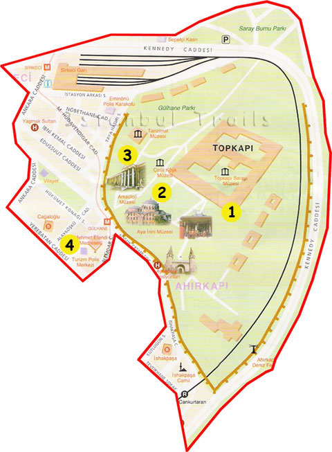Sightseeing map of the Topkapi district in Istanbul, Turkey