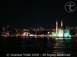 Ortaköy by night, taken from the Bosphorus in Istanbul, Turkey.