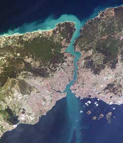 Aerial view of the Bosphorus in Istanbul, Turkey.